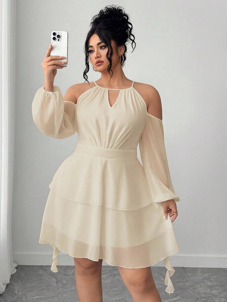 Elenzga 女士露肩纯色钥匙孔领灯笼袖连衣裙 - 杏色 - 查看 1