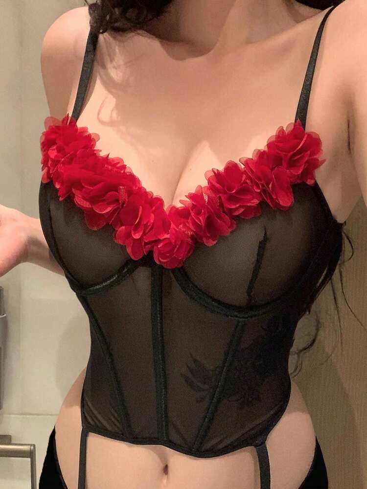 Summer Rose 3D Floral Decor Sheer Mesh Bodysuit With Waist Cinching For Women, Sexy Lingerie For Women