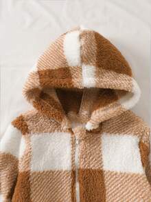 Girls Fuzzy Plaid Symmetrical Pattern Hooded Casual Versatile Jacket, Suitable For Daily Wear - Orange - View 4