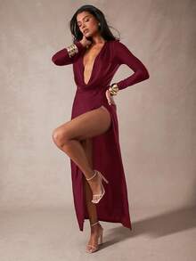 Hauture Front Deep Cowl Neck High Slit Maxi Dress - Burgundy - View 6