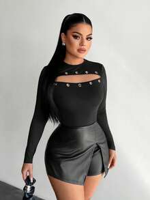 SHEIN SXY Sexy Hollow-Out Perforated Long Sleeve T-Shirt,Black ,Sexy ,Spring  ,Casual - Black - View 4