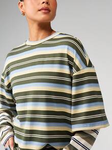 MISSGUIDED Doppellagiges Langarm Horizontal gestreiftes Rundhals Lässig Relaxed Fit Oversized Geripptes Frühling Herbst Alltags Basic T-Shirt
