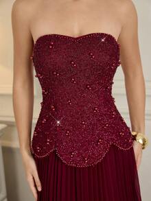 Poshira Women's Elegant Pearl Decor Strapless Formal Evening Gown Burgundy Formal Dress Maroon Formal Dress Wine Red Dress Elegant Evening Dress Strapless Formal Dress Valentines Dress Elegant Dress Sequin Dress Pink Red Dress Floral Dress Carnival  Graduation Ceremony, School Opening, Music Festival, Birthday Party, Wedding, Afternoon Tea Gathering, Ball - Burgundy - View 6