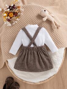 SHEIN 女婴泡泡袖连体衣和千鸟格印花背带裙 - 白色 - 查看 2