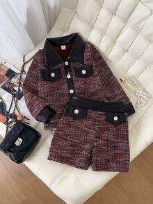 SHEIN Elladie kids 女童可爱黑白长袖外套，带假口袋设计，搭配舒适运动短裤，秋冬套装 - 紅色 - 查看 5