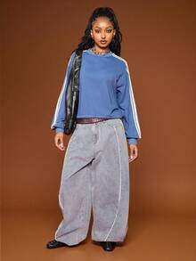 COUREZ 长袖圆领侧条纹上衣/Y2K风格上衣，春季女款休闲蓝色运动上衣 - 藏蓝色 - 查看 2