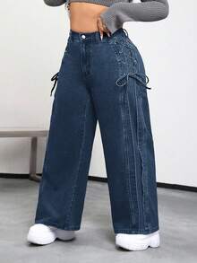 SHEIN PETITE CURVE Plus Size Casual Distressed Criss-Cross Strap Denim Jeans - Blue - View 7