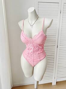 Comfortcana Plus Size Sexy Lace Bodysuit With Bow Accent Pink Bodysuit Pink Lingerie - Pink - View 12