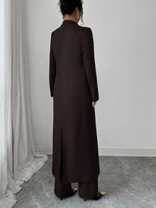 Elenzga Two Pieces Suit: Women's Elegant Lapel Long Sleeve Long Jacket And Straight Pants Two Pieces Suit, Exquisite And Elegant, Suitable For Office, Commuting, Street Style, French Romance, Casual, Middle Eastern Retro, Afternoon Tea, Party, Thanksgiving, Back To School, Autumn And Winter Wide Leg Pants Set Brown Two Pieces Set Women Women's Suit Set Longline Blazer Set Pant Suit Set - Coffee Brown - View 2