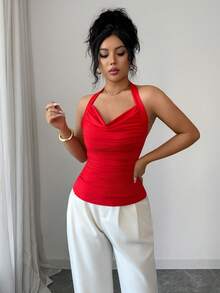 Elenzga Áo kiểu nữ thanh lịch, xếp ly, cổ rủ, thích hợp mặc hàng ngày, dự tiệc, mùa xuân/hè, ngày Valentine, đám cưới, màu đỏ thời trang. - Đỏ - Xem 6