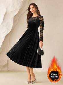 Modelyn Spitze Patchwork Samt elegantes Langarm Kleid, hochwertige formelle Robe für Frauen, Herbst/Winter