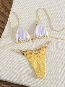 Swim Vcay 2026新款春季柠檬奶油黄纹理针织比基尼套装，三角挂脖式泳衣，饰以贝壳和海星图案，高腰巴西式泳裤，可调节细肩带，超柔软弹力面料，海滩度假必备，泳池派对必备 - 黃色 - 查看 5