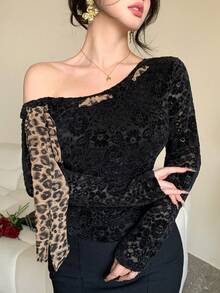 DAZY Women's Black Leopard Print Lace-Up Asymmetric Shoulder Long Sleeve Fitted Cropped Undershirt Top Going Out Tops Women - Black - View 3