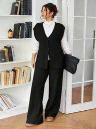 Lounesse Büyük Beden Kadınlar İçin Günlük, Her Renkte, Düz Renkli, Örgü 2 Parçalı Set, Rahat, Kentsel ve Minimalist Ev Giyimi