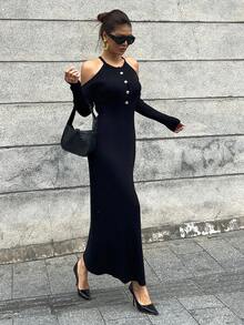 DAZY Robe pull ajustée à col roulé et épaules dénudées pour femmes, style Y2K hivernal