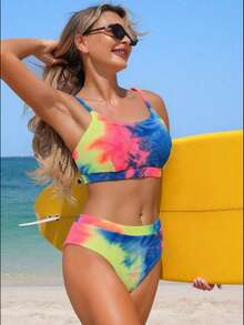 Swim SPRTY Women's Summer Beach Tie-Dye Spaghetti Strap Fashionable Bikini Swimwear Set, Carnival, Colorful Bikini Set, Rainbow Bathing Suit Tie Dye Bikini Two Pieces Set Women Multicolor Rainbow Bikini Y2k Spring To Summer Beach 2 Pieces Set - Multicolor - View 5