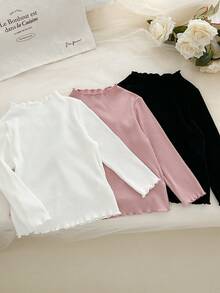 Genkimix Kids 3件套女童纯色罗纹荷叶边长袖高领T恤，白色、黑色、粉色组合，百搭秋季内搭