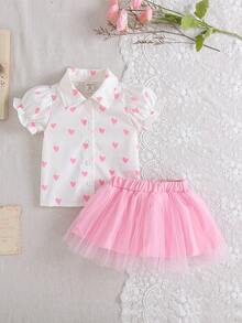 SHEIN 2pcs/Set Baby Girls Collared Puff Sleeve Heart Print Short Sleeve Blouse + Elastic Waist Mesh Tutu Skirt Cute Casual Outfit, Suitable For Spring/Summer Daily Outings Or Travel Skirt فستان دانتيل - Pink - View 3