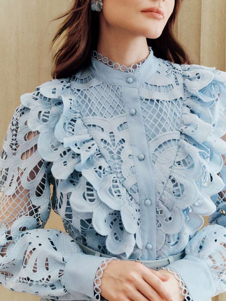 Anewsta New Holiday V-Neck Ruffle Patchwork Lantern Sleeve Elegant Blouse For Women