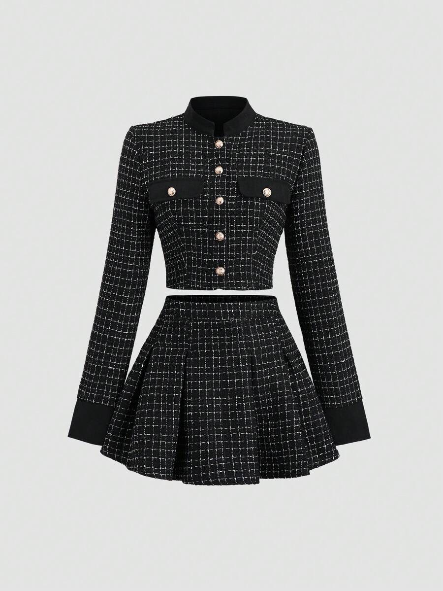 Sweetra 复古粗花呢撞色长袖上衣和百褶裙两件套，女士常规版型，春/秋/冬 - 黑色 - 查看 1