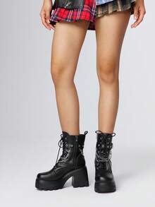 ROMWE Giày bốt cao gót buộc dây đến giữa bắp chân có khóa cài kiểu Corns Buckle Chain dành cho nữ - màu đen - Xem 2