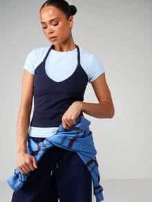 MISSGUIDED Áo thun ngắn tay cổ yếm xếp lớp, chất liệu gân, ôm sát, phối màu tương phản, thích hợp mặc mùa hè. - Nhiều màu - Xem 4
