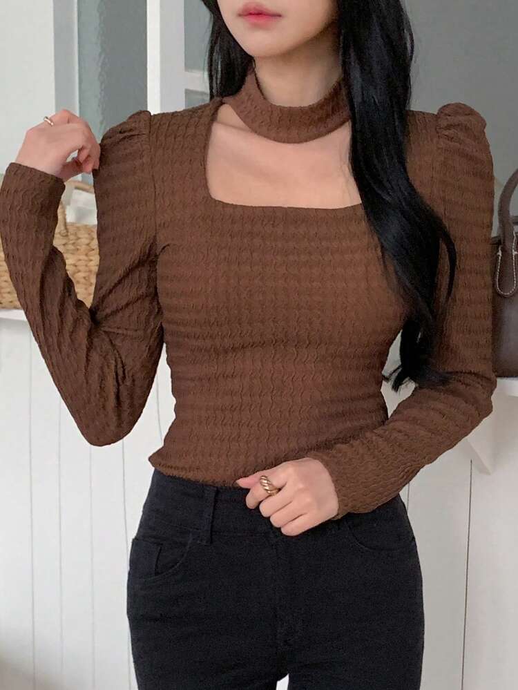 Women's Casual Versatile Solid Color Textured Hollow Out T-Shirt