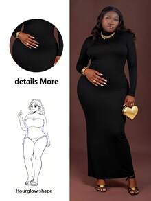 CurvyTilda Plus Size Women's Fall&Winter Elegant Daily Basic Snug Solid High Neck Bodycon Out With Sleeves High Stretch Black Classic Slip Dress,Suitable For Everyday Wear, Country Music Concerts Long Bodycon Dress Maxi Long Sleeve Dress Tight Long Dress Curve Long Dress Basic Dresses Turtleneck Plus Size Winter Dresses, For Hourglass Body Shape - Black - View 1