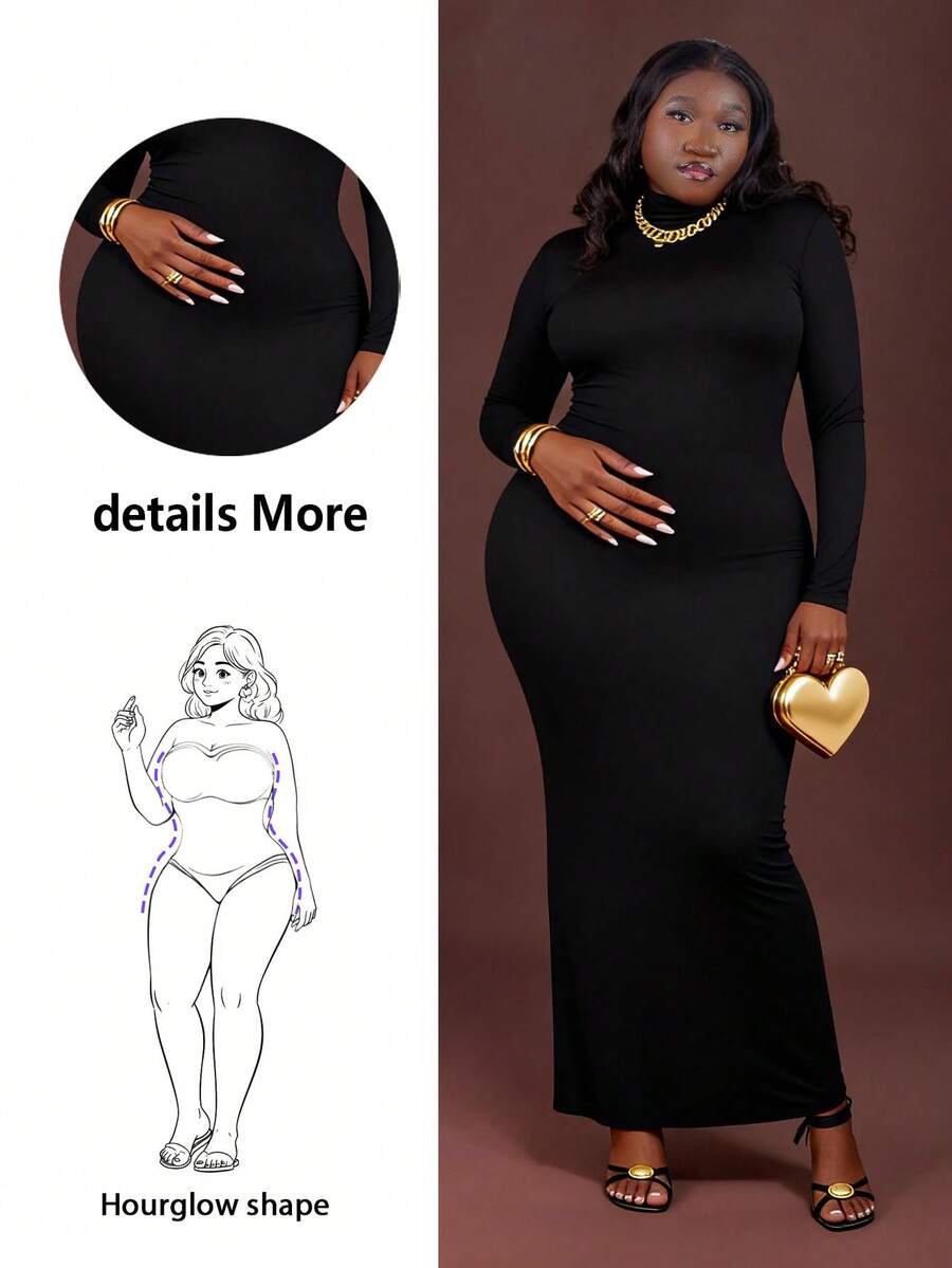 CurvyTilda Plus Size Women's Fall&Winter Elegant Daily Basic Snug Solid High Neck Bodycon Out With Sleeves High Stretch Black Classic Slip Dress,Suitable For Everyday Wear, Country Music Concerts Long Bodycon Dress Maxi Long Sleeve Dress Tight Long Dress Curve Long Dress Basic Dresses Turtleneck Plus Size Winter Dresses, For Hourglass Body Shape - Black - View 1