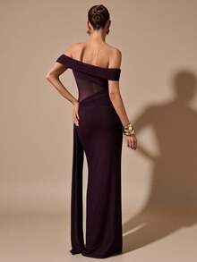 SHEIN BAE Burgundy Maroon Off-The-Shoulder Waist See-Through Sexy Bodycon Maxi Elegant Dress Suitable For Holidays, Weddings, Birthdays, Graduation Season - Burgundy - View 2