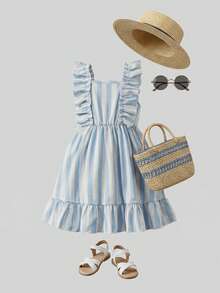 1件女婴可爱甜美田园风时尚休闲浅蓝白竖条纹荷叶边飘逸袖无袖方领A字连衣裙半身裙吊带裙柔软舒适，适合日常穿着、海滩度假、野餐、夏季和春季穿着。 - 藍白色 - 查看 9