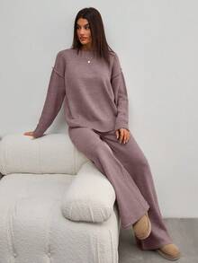 EURMUSE Women Round Neck Rib Knitted Sweater And Sweater Pant 2pcs Sets Co-Ord