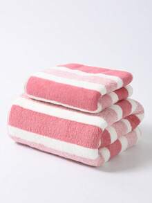 2pcs Simple Wide Striped Coral Velvet Soft, Water Absorbing, Non Shedding (Light And Thin) LWiping Headbands, Handkerchiefs, Washing Face And Bathing Towels Bathroom Decoration 40 * 80 Towels+90 * 170 Large Bath Towels Set - Multicolor - View 5