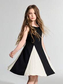 Maija Kids Maija Kids 少女黑色拼接撞色蕾丝无袖优雅连衣裙 - 黑與白 - 查看 4