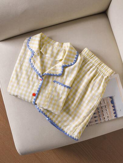 CosyJoli Plus Size Rutigt Set för Dam, Casual Damkostym, Krämgult 2-delat Set