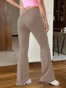 SHEIN EZwear 女式针织口袋设计纯色喇叭裤 - 卡其色 - 查看 3