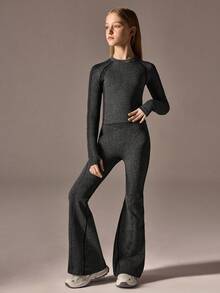 2pcs Set: Regular T-Shirt + Regular Flare Pants + Solid/Black + Sports T-Shirt + Sports Flare Pants + Activewear - Black - View 3