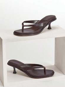 Hauture Fabulous Ladie's Chocolate Faux Pu Thong Sandal Small Heel, Square Toe Spring Summer Chic Holiday Shoes - Chocolate Brown - View 4