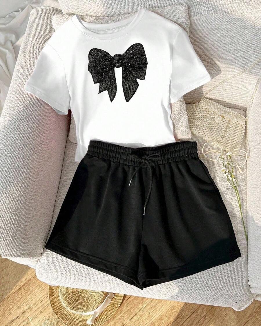 Sed de 2 piezas de camiseta y pantalones cortos con estampado de Moño - Blanco - Ver 1