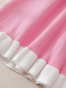 Young Girl Colorblock Peter Pan Collar Long Sleeve Cute Knitted Dress, Autumn/Winter - Pink - View 5