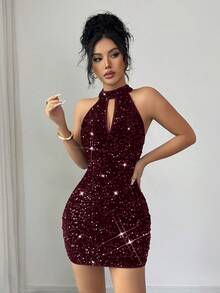 Rafferiza 黑色亮片露背弹力性感无袖修身连衣裙/约会/派对/夜店/街头/万圣节/情人节/生日礼服/春/夏/秋/冬新款短裙 - 中紫紅色 - 查看 5