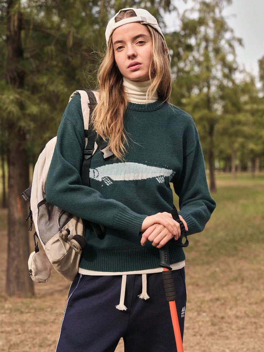 SHEIN In My Nature 常规版型长袖针织套头衫 - 綠色 - 查看 1