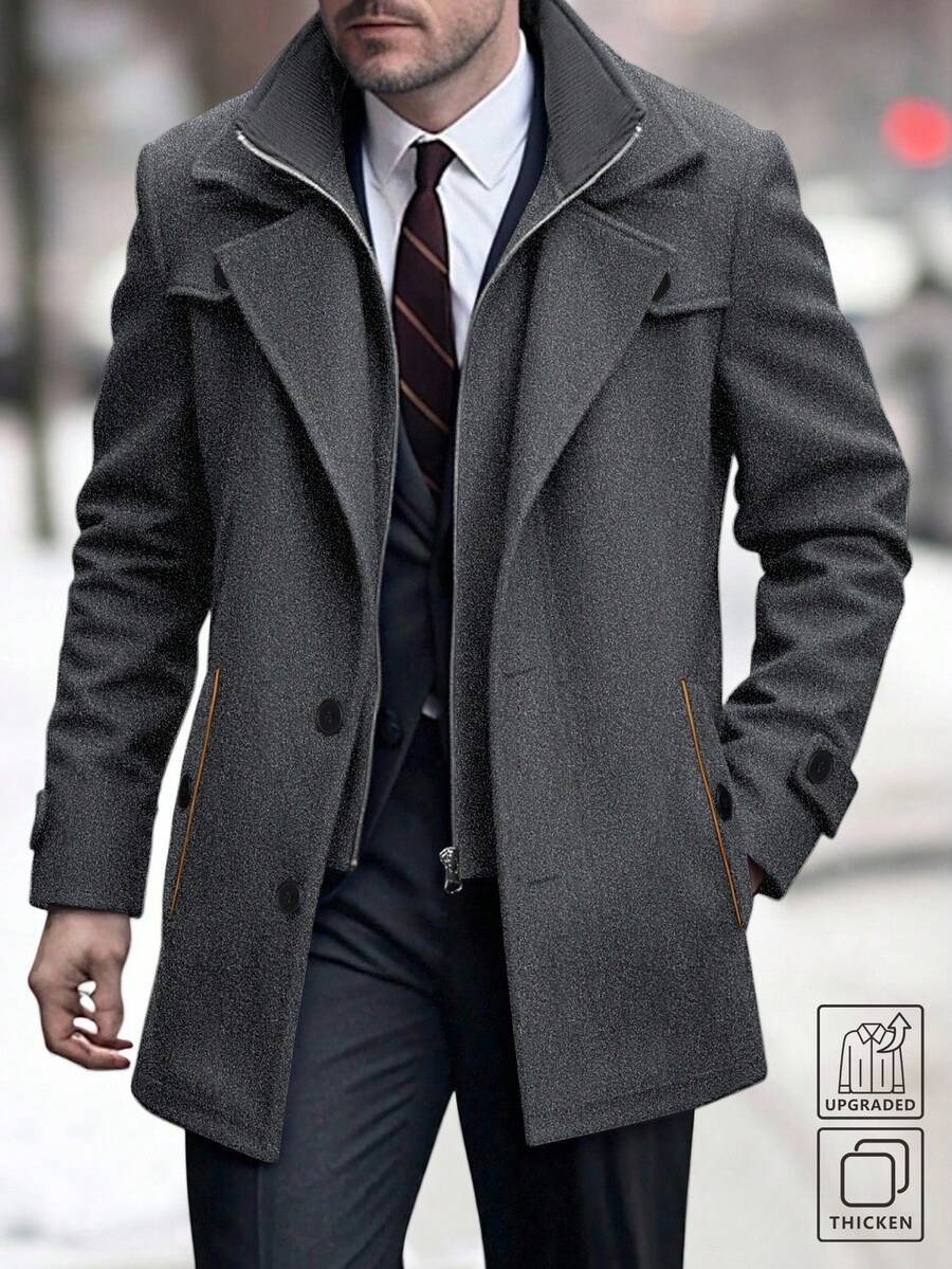 Manfinity Mode Áo khoác dài tay công sở màu trơn có túi, thường ngày, thu/đông - Màu xám đen - Xem 1