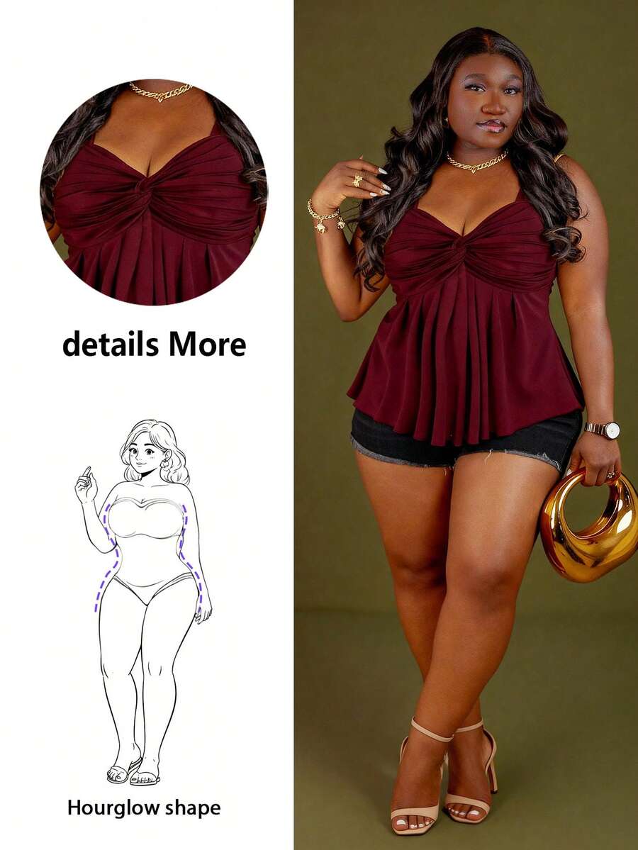 CurvyTilda Áo len dệt kim Babydoll xoắn phía trước màu đen cỡ lớn dành cho nữ, phong cách Y2K, thích hợp cho mùa tốt nghiệp/trở lại trường, áo dễ thương mùa hè - Màu Đỏ Sâu - Xem 1