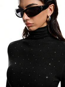 LYSMO New Minimalist Women Autumn/Winter Solid Color Rhinestone Decor Turtleneck Long Sleeve Fitted Fashion T-Shirt, Available In Black,Black Top - Black - View 7