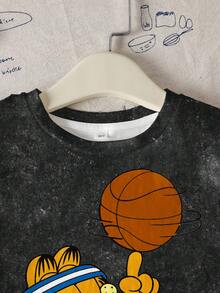 GARFIELD | SHEIN Tween Boy Summer Casual Letter & Cat Print Round Neck Short Sleeve T-Shirt - White - View 6