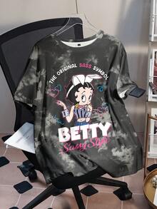 Betty Boop x SHEIN Plus Size Women Casual Everyday Commute Fashion Street Cartoon Character Slogan Graphic Tie-Dye Loose T-Shirt