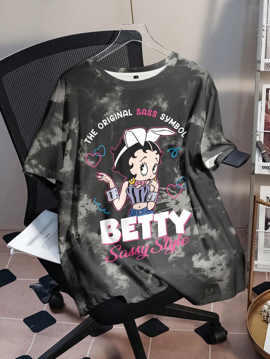 Betty Boop x SHEIN Plus Size Women Casual Everyday Commute Fashion Street Cartoon Character Slogan Graphic Tie-Dye Loose T-Shirt