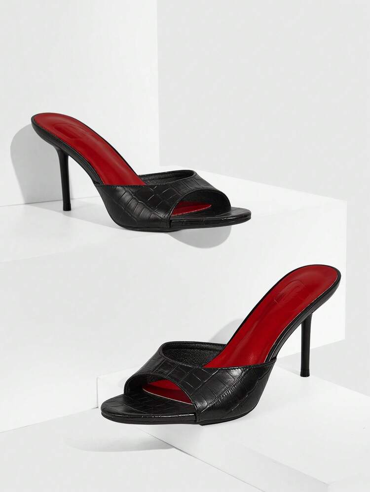 CUCCOO SZL Women Shoes Spring And Summer Crocodile Pattern Embossed Contrast Insoles Open-Toed High Heels, Royal Sister Style, Black And Red Color Matching Women's High Heel Sandals Wear Outside Home Dating Shopping Nightclub Party Holiday Gifts