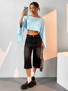 SHEIN EZwear 女士纯色圆领落肩长袖短款宽松上衣 - 淺藍色 - 查看 4